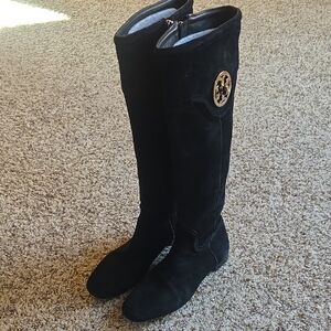 Tory Burch Black Suede Boots with Gold Logo